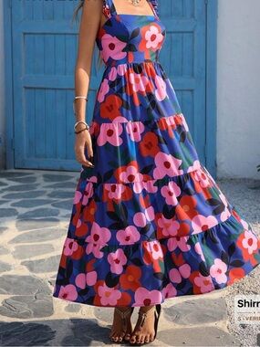 Bright Floral Tiered Maxi Skirt Dress in Blue and Pink